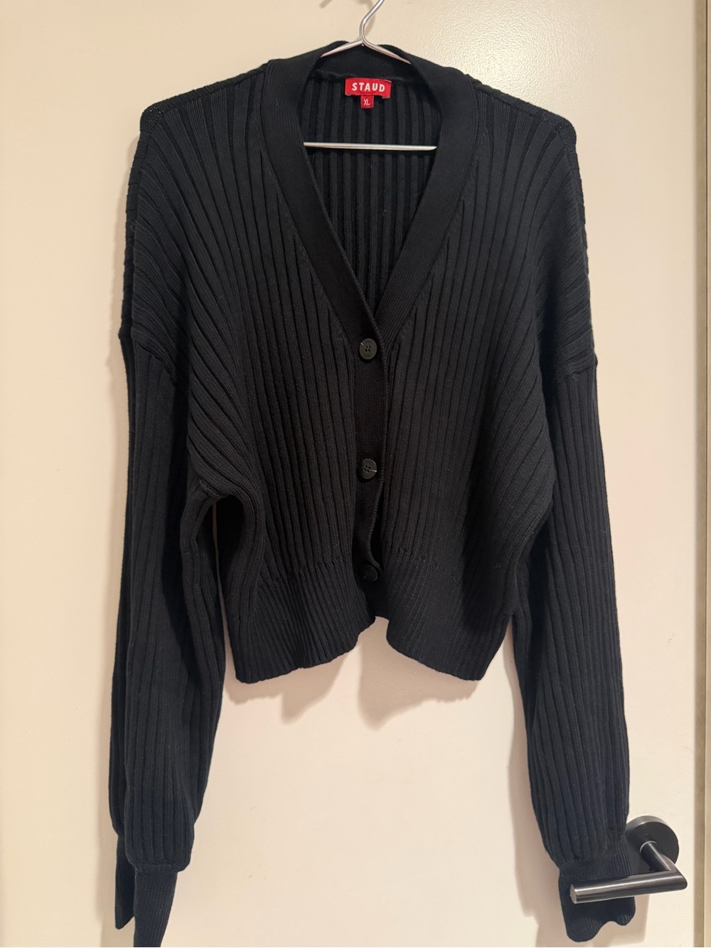 STAUD Black Ribbed V-Neck Button-Up Cardigan